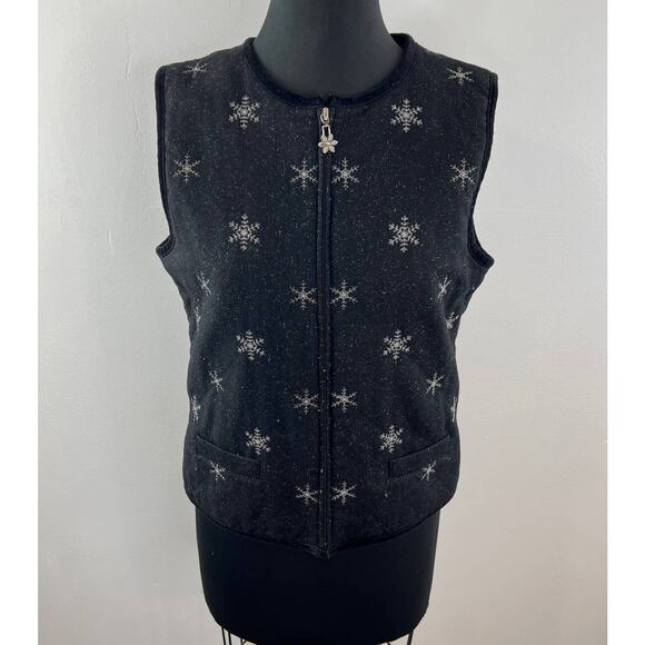 TALBOTS Black White Snowflake Embroidered Print Full-Zip Wool Sweater Vest S VTG - Picture 1 of 7